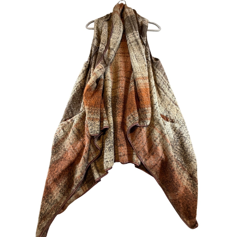 Cejon Womens OSFM Plaid Waterfall Vest Open Front Draped Handkerchief Hem Rust